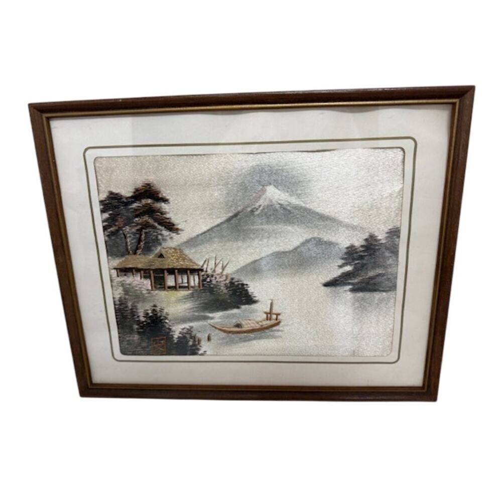 Vintage Asian Silk Embroidery Landscape Framed Mountain Scene w/ Boat & Pavilion